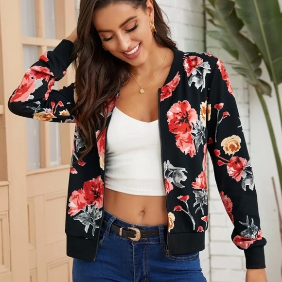 BOMBER JACKET FLORAL PRINT - Picture 1 of 7